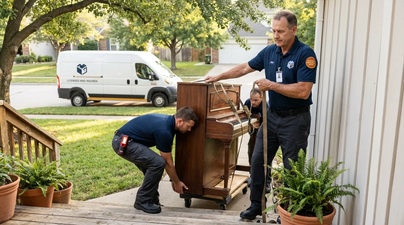 Licensed piano movers securing grand piano in Springfield, MO