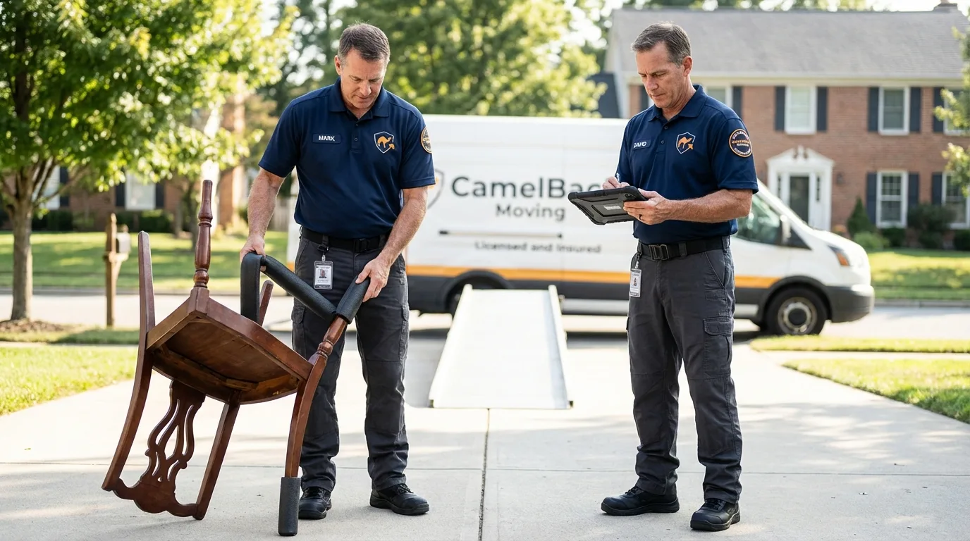 Movers inspecting furniture for damage prevention before loading in Springfield, MO