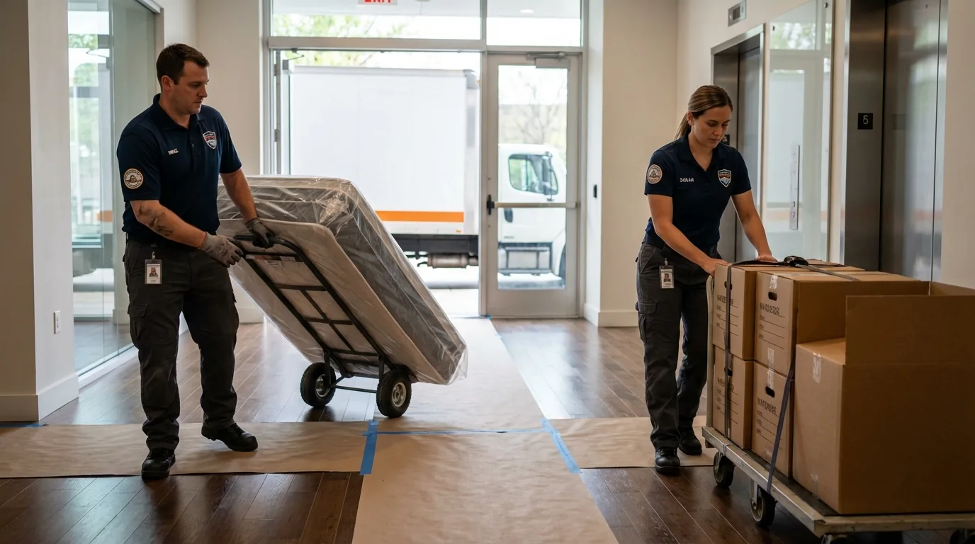 Professional apartment movers loading elevator in Springfield, MO