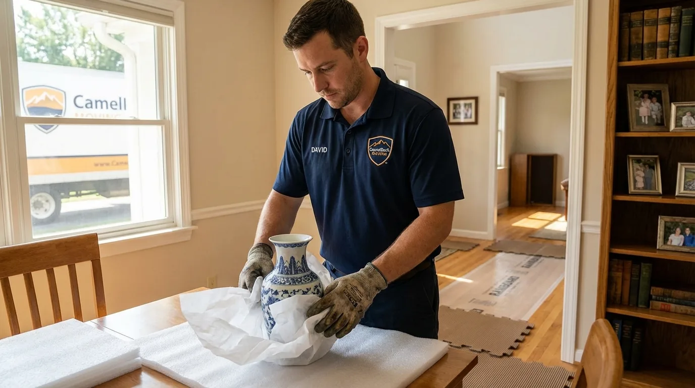 Professional crew carefully wrapping antique vase for senior downsizing move in Springfield, MO